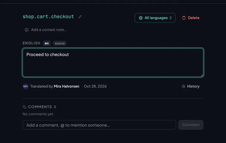 The English original of the cart's checkout button open in the editor, its value
            being changed from “Go to checkout” to “Proceed to checkout”.