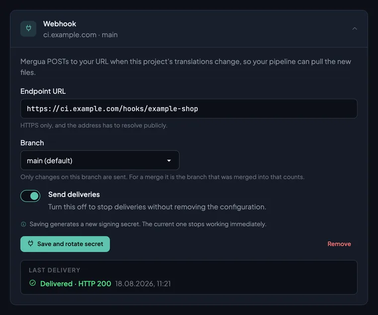 A project's webhook settings: the CI server's URL, the branch filter set to main,
            the webhook switched on, and a last delivery the server answered with 200.